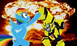 Size: 1280x771 | Tagged: safe, artist:terry, rainbow dash, pegasus, pony, semi-anthro, g4, autobot, bumblebee (transformers), crossover, explosion, female, high five, hoofbump, mare, transformers, transformers animated