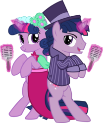 Size: 1021x1228 | Tagged: safe, artist:drakodarker, twilight sparkle, pony, unicorn, g4, bipedal, bridesmaid dress, clothes, dress, dusk shine, female, hat, love is in bloom, male, mare, microphone, r63 paradox, rule 63, self ponidox, simple background, stallion, top hat, transparent background, unicorn dusk shine, unicorn twilight