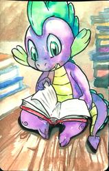 Size: 1001x1575 | Tagged: dead source, safe, artist:buttercupsaiyan, spike, dragon, g4, book, male, reading, sitting, solo, watercolor painting