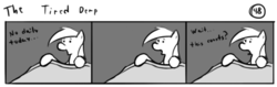 Size: 802x253 | Tagged: safe, artist:tetrapony, derpy hooves, pegasus, pony, comic:the daily derp, g4, 3 panel comic, bed, comic, female, mare, monochrome, solo, the tired derp