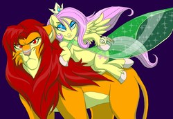 Size: 2094x1439 | Tagged: safe, artist:terry, fluttershy, big cat, lion, pegasus, pony, g4, clothes, crossover, crown, disney, dress, female, hooves, mare, on side, simba, the lion king, unshorn fetlocks