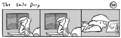 Size: 802x253 | Tagged: safe, artist:tetrapony, derpy hooves, pegasus, pony, comic:the daily derp, g4, 3 panel comic, book, comic, female, mare, monochrome, rain, solo, the raily derp
