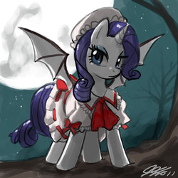 Size: 900x900 | Tagged: safe, artist:johnjoseco, rarity, pony, unicorn, vampire, g4, bat wings, cosplay, crossover, female, mare, moon, night, remilia scarlet, remirarity, solo, touhou