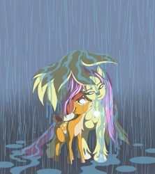 Size: 1181x1332 | Tagged: safe, artist:terry, fluttershy, pegasus, pony, g4, bambi, covering, crossover, crying, disney, duo, female, hooves, looking at each other, mare, rain, unshorn fetlocks, wet mane, wing umbrella