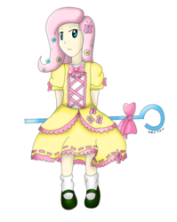 Size: 478x600 | Tagged: safe, artist:sudro, fluttershy, human, g4, clothes, cutie mark on clothes, dress, female, humanized, light skin, puffy sleeves, simple background, solo, style emulation, touhou, white background, zun