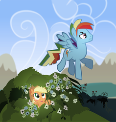 Size: 5099x5368 | Tagged: safe, artist:trotsworth, applejack, rainbow dash, earth pony, pegasus, pony, fanfic:on a cross and arrow, g4, absurd resolution, blushing, bush, eyes on the prize, fanfic, fanfic art, female, flower, flying, half r63 shipping, hiding, male, mare, rainbow blitz, rule 63, ship:appleblitz, shipping, stallion, straight
