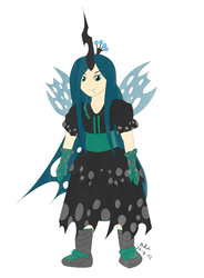 Size: 598x812 | Tagged: artist needed, safe, queen chrysalis, human, g4, female, humanized, puffy sleeves, simple background, smiling, solo, standing, style emulation, touhou, white background, winged humanization, wings, zun