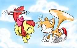 Size: 1600x1004 | Tagged: safe, artist:chibi-jen-hen, apple bloom, earth pony, fox, pony, g4, adorabloom, applebetes, applecopter, bloomails, crossover, cute, duo, female, filly, flying, hoopla, loop-de-hoop, male, miles "tails" prower, shocked, sky, sonic the hedgehog (series), surprised, tailcopter, tailsabetes