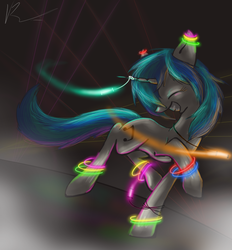 Size: 650x700 | Tagged: safe, artist:nos-talgia, dj pon-3, vinyl scratch, pony, unicorn, g4, eyes closed, female, glowstick, mare, rave, solo