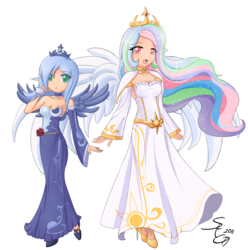 Size: 2016x2031 | Tagged: safe, artist:angriestangryartist, princess celestia, princess luna, human, g4, anime, clothes, dress, duo, duo female, female, high res, humanized, royal sisters, s1 luna, simple background, transparent background, winged humanization