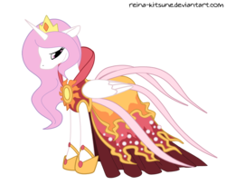 Size: 1700x1386 | Tagged: safe, artist:reina-kitsune, princess celestia, alicorn, pony, g4, clothes, dress, female, floppy ears, gala dress, mare, pink-mane celestia, simple background, solo, transparent background