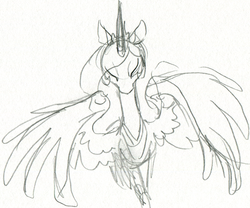 Size: 1000x832 | Tagged: safe, artist:php27, princess celestia, alicorn, pony, g4, eyes closed, female, mare, monochrome, simple background, solo, spread wings, traditional art, wings