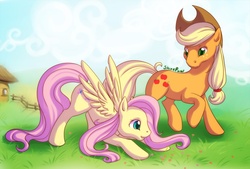 Size: 800x541 | Tagged: safe, artist:shinepawpony, applejack, fluttershy, earth pony, pegasus, pony, g4, female, grass, lesbian, mare, ship:appleshy, shipping