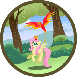 Size: 1862x1862 | Tagged: safe, artist:zap-apple, fluttershy, peewee, philomena, pegasus, phoenix, pony, g4, female, flying, mare, tree