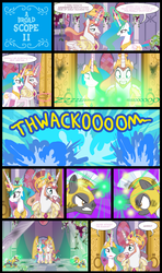 Size: 1754x2953 | Tagged: safe, artist:trotsworth, princess celestia, oc, oc:scope, alicorn, pony, unicorn, g4, angry, burn marks, comic, diplomacy, female, fight, guardsmare, implied selfcest, magic, male, mare, prince solaris, royal guard, rule 63, self ponidox, stallion