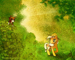 Size: 1000x800 | Tagged: safe, artist:hinoraito, applejack, winona, earth pony, pony, g4, colored pupils, female, hat, leaves, mare