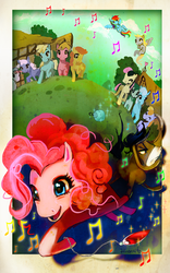 Size: 600x959 | Tagged: safe, artist:hinoraito, bon bon, carrot top, cranky doodle donkey, derpy hooves, golden harvest, lyra heartstrings, pinkie pie, rainbow dash, sweetie drops, donkey, earth pony, pegasus, pony, unicorn, g4, female, male, mare, music notes, ponyville