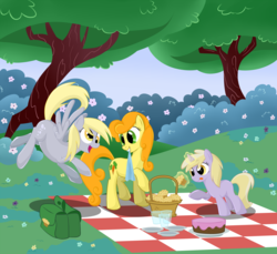 Size: 2000x1833 | Tagged: safe, artist:zap-apple, carrot top, derpy hooves, dinky hooves, golden harvest, earth pony, pegasus, pony, unicorn, g4, basket, cake, cute, cutie top, female, filly, food, lesbian, mare, mouth hold, muffin, picnic basket, picnic blanket, ship:derpytop, shipping, tongue out