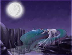Size: 1300x1000 | Tagged: dead source, safe, artist:probablyfakeblonde, princess celestia, alicorn, pony, g4, crying, female, mare, mare in the moon, moon, night, solo, wings down