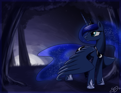 Size: 1300x1000 | Tagged: dead source, safe, artist:probablyfakeblonde, princess luna, alicorn, pony, g4, female, looking back, mare, moon, moonrise, night, solo, wings down