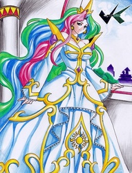 Size: 536x700 | Tagged: safe, artist:jadenkaiba, princess celestia, human, g4, anime, black outlines, breasts, cleavage, clothes, dress, female, humanized, solo, traditional art