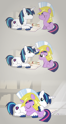 Size: 1200x2250 | Tagged: safe, artist:dm29, shining armor, twilight sparkle, pony, unicorn, g4, book, brother and sister, cute, duo, female, filly, foal, helmet, hug, julian yeo is trying to murder us, male, prone, scroll, stallion