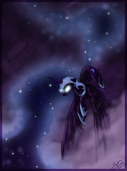 Size: 1158x1565 | Tagged: dead source, safe, artist:probablyfakeblonde, nightmare moon, alicorn, pony, g4, female, flying, glowing eyes, mare, night, solo