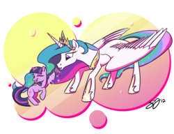 Size: 1300x1000 | Tagged: safe, artist:probablyfakeblonde, princess celestia, twilight sparkle, alicorn, pony, unicorn, g4, abstract background, blowing bubbles, bubble, cute, cutelestia, duo, female, filly, filly twilight sparkle, mare, rearing, simple background, transparent background, twiabetes, unicorn twilight, younger