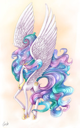 Size: 1570x2500 | Tagged: safe, artist:tom-ka, princess celestia, alicorn, pony, g4, eyes closed, female, large wings, mare, solo, spread wings, wings