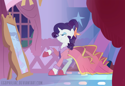 Size: 1800x1238 | Tagged: safe, artist:egophiliac, rarity, pony, unicorn, g4, carousel boutique, clothes, dress, dressing gown, female, gala dress, mare, mirror, pins, raised hoof, slippers, solo