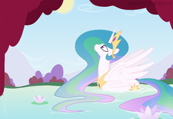 Size: 1800x1238 | Tagged: safe, artist:egophiliac, princess celestia, alicorn, pony, g4, beautiful, behaving like a bird, behaving like a duck, female, floating, flower, folded wings, large wings, lilypad, long mane, long tail, looking up, majestic, mare, mountain, pegaduck, pond, show accurate, smiling, solo, sparkles, spring, sun, swanlestia, swimming, swimming pool, water