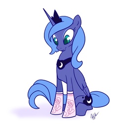 Size: 682x746 | Tagged: safe, artist:egophiliac, princess celestia, princess luna, alicorn, pony, g4, brony history, clothes, colored pupils, female, it's happened and now we can't stop it, mare, meme origin, s1 luna, simple background, sitting, smiling, socks, solo, white background