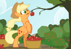 Size: 1800x1238 | Tagged: safe, artist:egophiliac, applejack, earth pony, pony, g4, apple, colored pupils, female, mare, mouth hold, rearing, tree