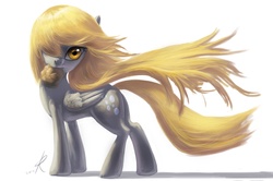 Size: 1346x894 | Tagged: safe, artist:grissaecrim, derpy hooves, pegasus, pony, g4, background pony, beautiful, butt, epic derpy, female, food, hair over one eye, mare, mouth hold, muffin, plot, simple background, solo, wind, windswept mane