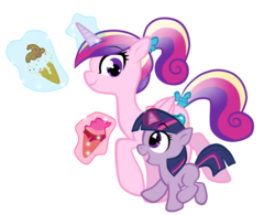 Size: 2504x1950 | Tagged: safe, artist:xnightmelody, princess cadance, twilight sparkle, alicorn, pony, unicorn, g4, cute, female, filly, filly cadance, filly twilight sparkle, foal, food, glowing horn, horn, ice cream, ice cream cone, magic, ponytail, simple background, teen princess cadance, teenager, telekinesis, transparent background, twiabetes, unicorn twilight, vector, younger