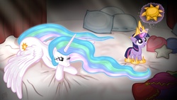 Size: 1920x1080 | Tagged: safe, artist:alevgor, princess celestia, twilight sparkle, alicorn, pony, unicorn, g4, bed, female, filly, filly twilight sparkle, foal, heartwarming in hindsight, hilarious in hindsight, mare, momlestia, pillow, twilight wants to be a princess, wallpaper
