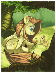 Size: 900x1164 | Tagged: dead source, safe, artist:frostadflakes, fluttershy, pegasus, pony, rabbit, g4, animal, dappled sunlight, eye contact, female, forest, looking at each other, mare, prone, smiling, tree