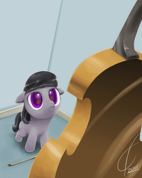 Size: 1600x2000 | Tagged: safe, artist:valcron, octavia melody, earth pony, pony, g4, cello, female, filly, foal, looking up, musical instrument, solo