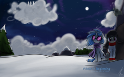 Size: 3200x2000 | Tagged: safe, artist:valcron, dj pon-3, octavia melody, vinyl scratch, earth pony, pony, unicorn, g4, canterlot, clothes, cloudsdale, female, high res, mare, moon, night, scarf, scenery, shipping, sitting, snow, sweater
