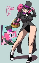 Size: 718x1162 | Tagged: safe, artist:moronsonofboron, pinkie pie, earth pony, human, pony, g4, big breasts, breasts, busty pinkie pie, clothes, female, hat, humanized, leotard, mare, solo, spats, thighs, top hat, tuxedo