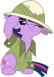 Size: 5600x8000 | Tagged: safe, artist:bri-sta, artist:yanoda, twilight sparkle, pony, unicorn, g4, absurd resolution, cheek fluff, clothes, cute, female, filly, filly twilight sparkle, floppy ears, fluffy, foal, hat, one eye closed, pith helmet, simple background, sitting, solo, transparent background, twiabetes, unicorn twilight, younger