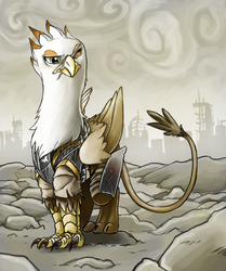 Size: 800x958 | Tagged: dead source, safe, artist:olafski, artist:promilie, oc, oc only, oc:gawdyna grimfeathers, griffon, fallout equestria, creepy, female, griffon oc, rock, ruins, solo, wasteland, wings