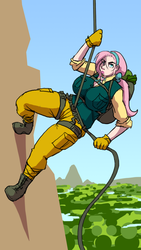 Size: 678x1200 | Tagged: safe, artist:moronsonofboron, fluttershy, frog, human, g4, big breasts, boots, breasts, busty fluttershy, climbing harness, clothes, female, gloves, huge breasts, humanized, rock climbing, rope, solo