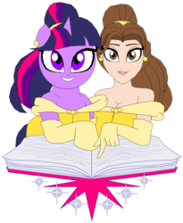 Size: 887x1083 | Tagged: safe, artist:terry, twilight sparkle, human, semi-anthro, g4, arm hooves, belle, book, clothes, crossover, disney, disney princess, dress, duo, female, simple background