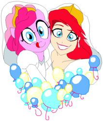 Size: 794x933 | Tagged: safe, artist:terry, pinkie pie, human, semi-anthro, g4, ariel, balloon, clothes, crossover, disney, disney princess, dress, duo, female, simple background, the little mermaid, wedding dress