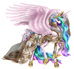 Size: 3082x2870 | Tagged: safe, artist:cobaltstratos, princess celestia, alicorn, pony, g4, bow, clothes, dress, female, gala dress, high res, mare, simple background, solo, transparent background