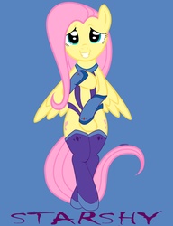 Size: 981x1280 | Tagged: safe, artist:raptorsr, fluttershy, pegasus, semi-anthro, g4, blue background, clothes, covering, dc comics, embarrassed, female, looking at you, mare, partially open wings, simple background, solo, starfire, starshy, stockings, superhero, thigh highs, wings