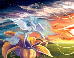 Size: 1200x949 | Tagged: safe, artist:dragonataxia, princess celestia, alicorn, butterfly, pony, g4, eyes closed, female, flower, mare, rearing, solo