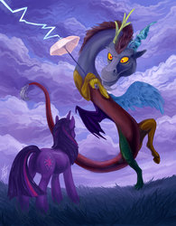 Size: 1560x2000 | Tagged: safe, artist:dragonataxia, discord, twilight sparkle, draconequus, pony, unicorn, g4, butt, female, lightning, mare, plot, twibutt, umbrella