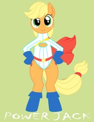 Size: 981x1280 | Tagged: safe, artist:raptorsr, applejack, earth pony, semi-anthro, g4, clothes, dc comics, female, green background, leotard, lime background, looking at you, mare, power girl, simple background, solo, superhero